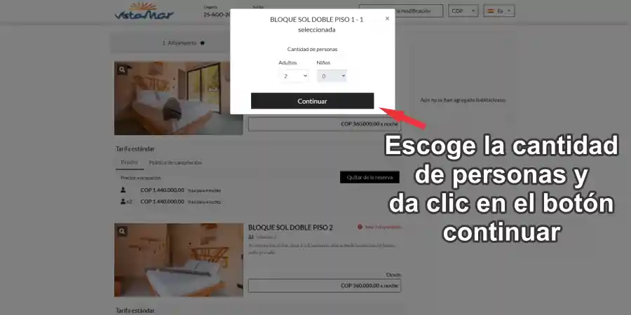 Escoge cuántos adultos y niños se hospedarán, y haz clic en “Continuar”.