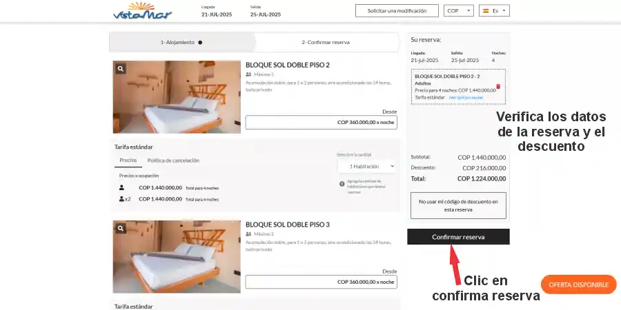 Verifica que todos los datos y el descuento estén correctos, y haz clic en “Confirmar reserva”.