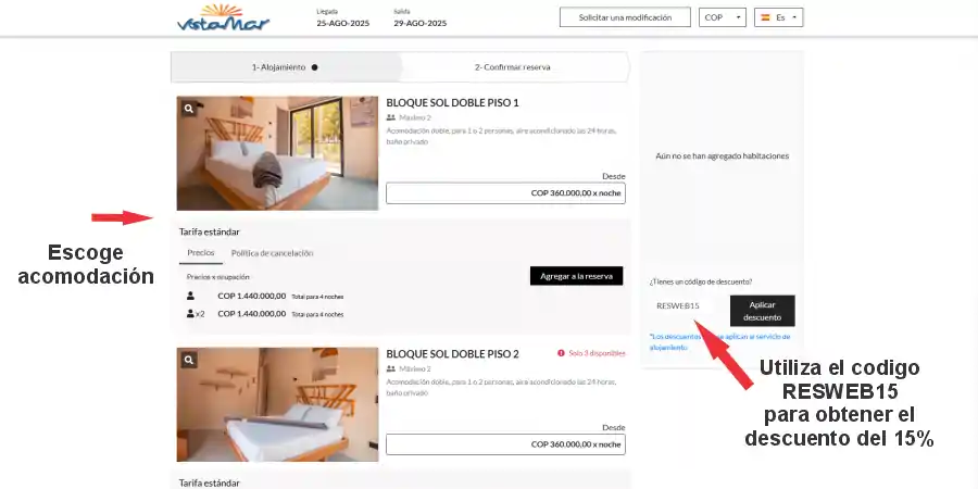 Ingresa el código RESWEB15 para obtener un 15% de descuento en tu reserva.