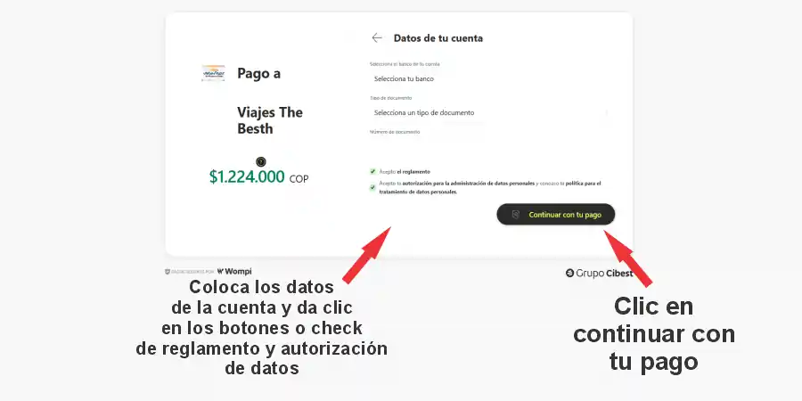 Acepta los términos, elige tu banco y completa el pago de forma 100% protegida.
