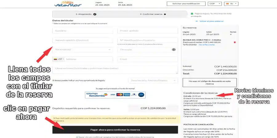Llena el formulario con la información del titular de la reserva y selecciona “Pagar ahora”.