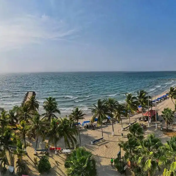 Vista panorámica de las playas de San José en Coveñas con palmeras, arena dorada y mar caribeño.